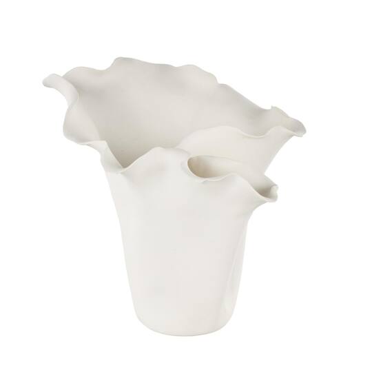 10.5" White Ceramic Abstract Floral Vase with Wavy Folded Rim
